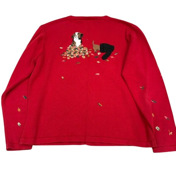 Talbots Vintage Red Knit Cardigan Sweater Dog & Fall Embroidery Small Petite - Picture 5 of 12